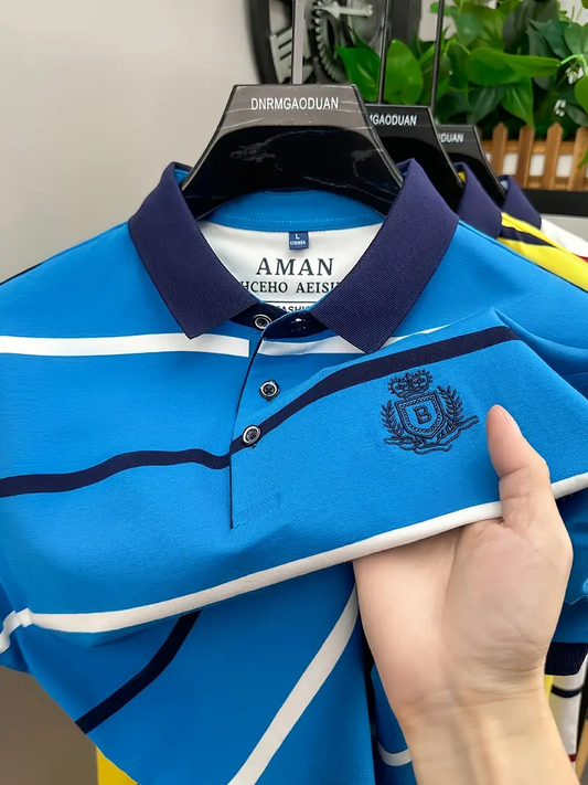 Witrosa Men's Premium Striped Polo T-Shirt – Classic Navy Collar with Embroidered Crest Logo