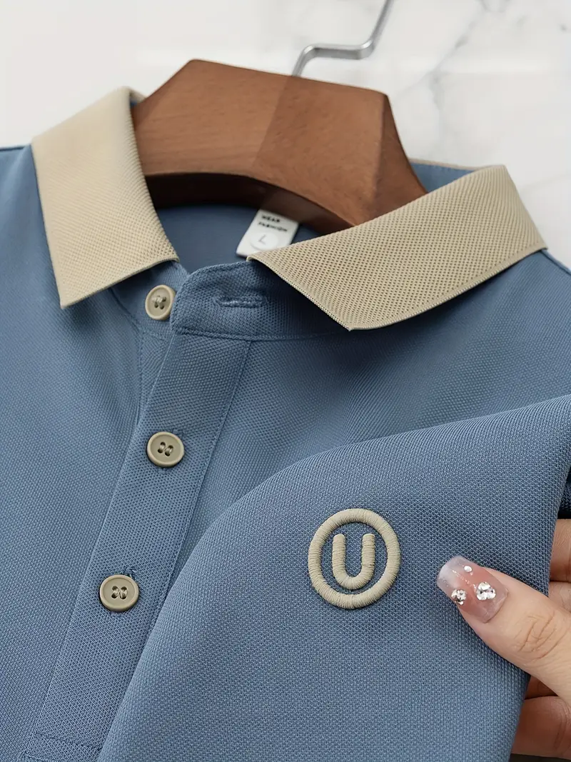 Witrosa Men’s Blue Polo T-Shirt – Premium Knit Fabric with Contrast Beige Collar and Logo Embroidery