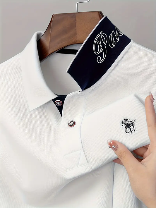 Witrosa Men’s White Polo T-Shirt – Contrast Navy Collar with Signature Embroidery Design