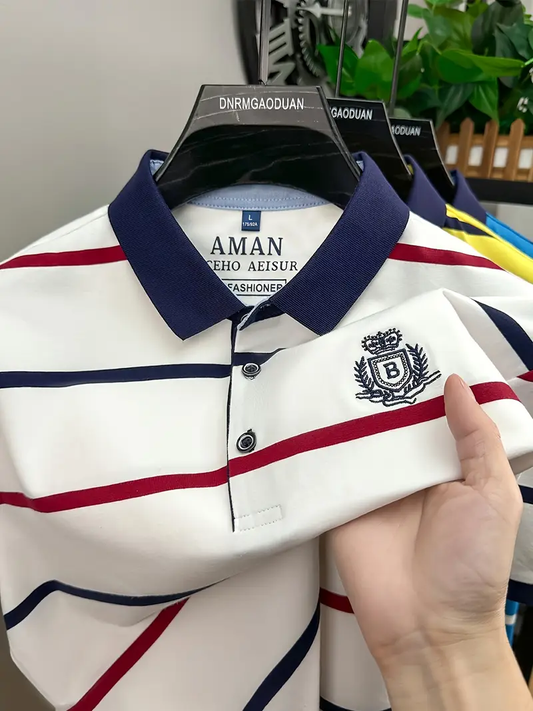 Witrosa Men's Premium Striped Polo T-Shirt – Classic Navy Collar with Embroidered Crest Logo