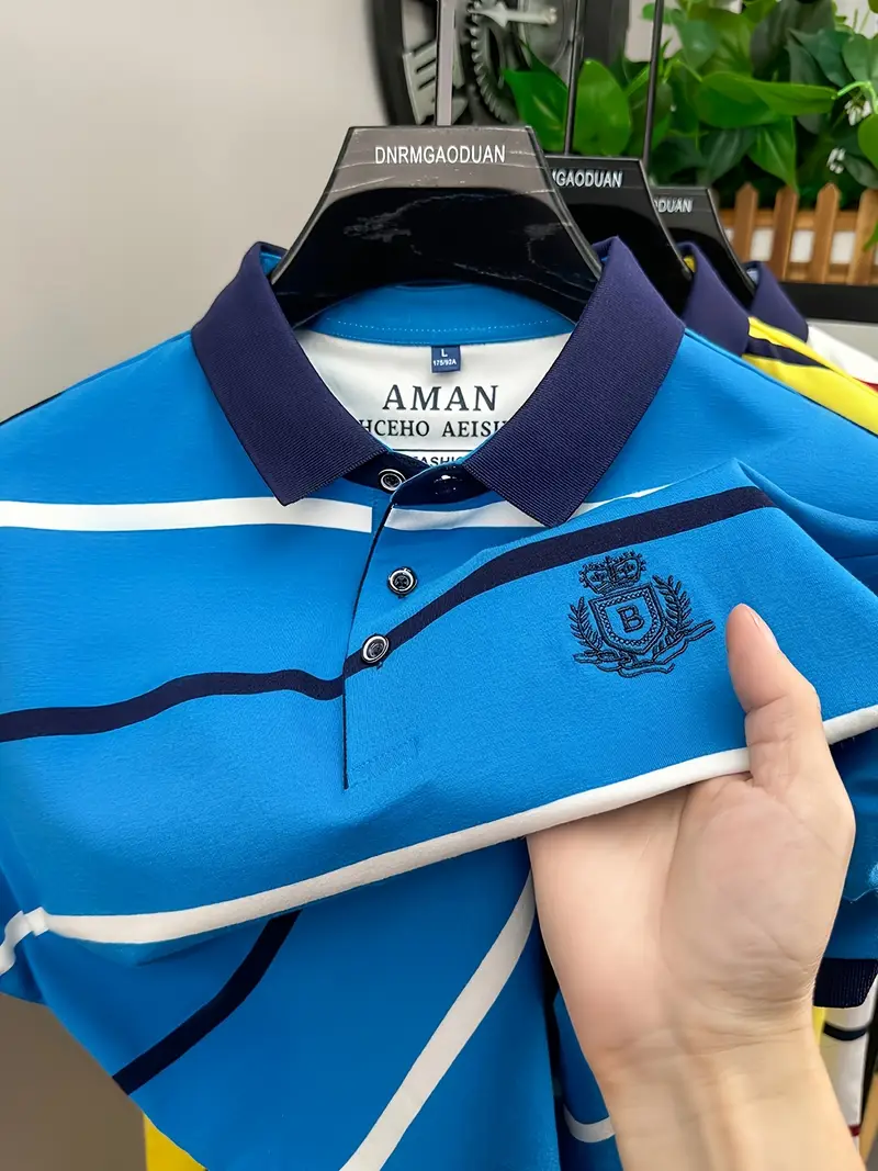 Witrosa Men's Premium Striped Polo T-Shirt – Classic Navy Collar with Embroidered Crest Logo