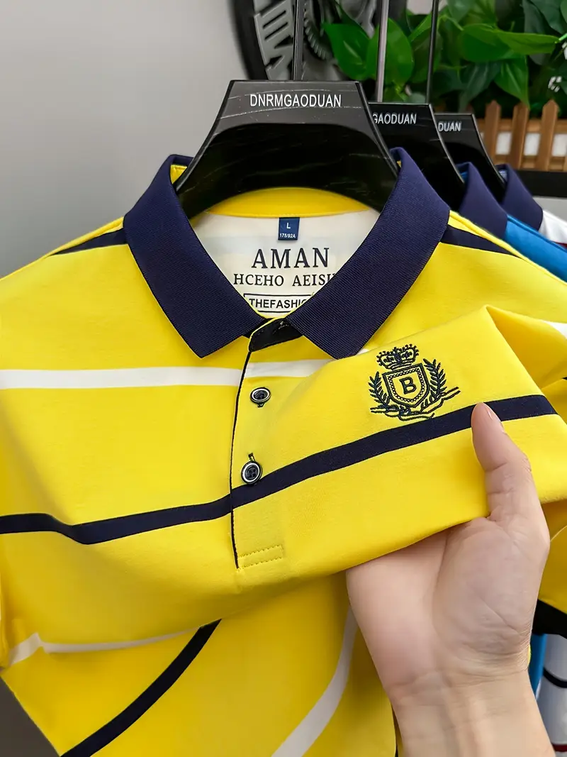 Witrosa Men's Premium Striped Polo T-Shirt – Classic Navy Collar with Embroidered Crest Logo