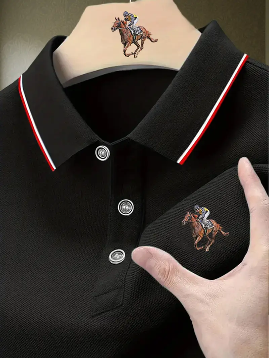 Witrosa Men’s Black Polo T-Shirt with Horse Rider Embroidery – Classic Contrast Collar Design