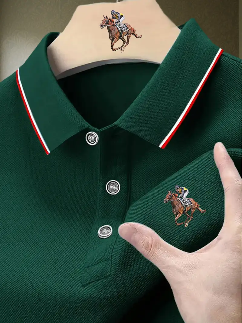 Witrosa Men’s Black Polo T-Shirt with Horse Rider Embroidery – Classic Contrast Collar Design