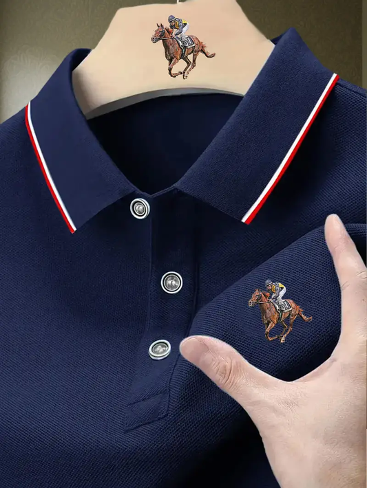 Witrosa Men’s Black Polo T-Shirt with Horse Rider Embroidery – Classic Contrast Collar Design