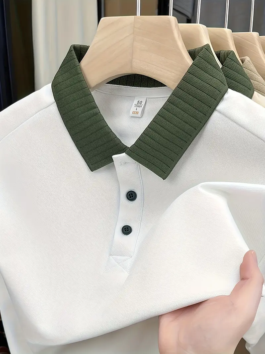 Witrosa Men’s White Polo T-Shirt – Premium Cotton Fabric with Olive Green Ribbed Collar
